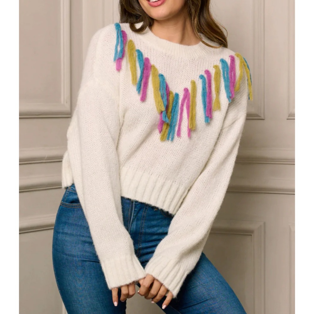 Butter Melon Colorful Fringe White Sweater, Size M